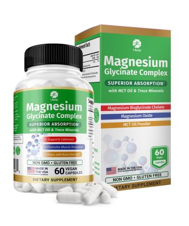 1 Body Magnesium Glycinate Complex High Absorption Magnesium Supplement for Calm Muscle Relaxation & Bone Health Support Vegan with MCT Oil & Trace Minerals Non-GMO 60 Capsules
