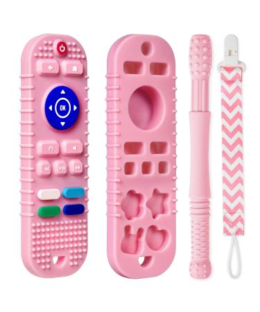 Vicloon Baby Teether Toys Silicone Remote Control Shape Teething Toys with Pacifier Clip  Silicone Baby Teething Toys for 3 Months+  BPA Free Baby Teething Toys for Boys and Girls (Pink)