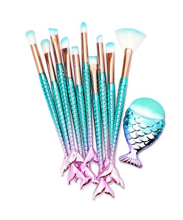 11PCS Makeup Brushes Set with Colorful Fish Tail Handle  Foundation Eyebrow Eyeliner Blush Cosmetic Concealer Brushes Women Girl Cute Make Up Tool Set