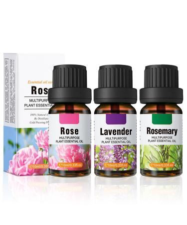 Essential Oils Set 3x10ml Skin Care Essential Oil Multipurpose Aromatherapy Oil Lavender Rosemary Rose Essential Oils for Moisturises and Softens Skin Home Fragrance Diffuser Oil