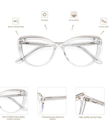 AMOMOMA Cat Eye TR90 Blue Light Blocking Reading Glasses for Women - Stylish Computer Readers 1.5 2.0 - AM6043 C2 Crystal - Buy Online on GoSupps.com