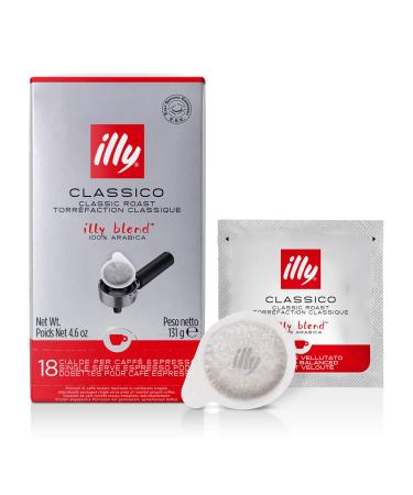 illy Classico E.S.E. Pods Espresso Coffee Medium Roast Classic Roast with Notes of Chocolate & Caramel 100% Arabica Coffee All-Natural No Preservatives 18 Count Box (Pack of 2)