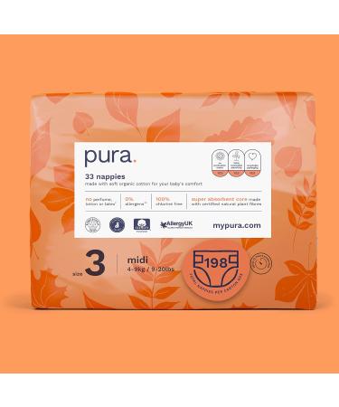 Pura Eco-Diapers Size 3 (MIDI 4-9 kg) - 198 Odorless Organic Cotton Diapers EU Ecolabel Certified Monthly Box for Sensitive Skin 12-Hour Protection - Buy Online on GoSupps.com