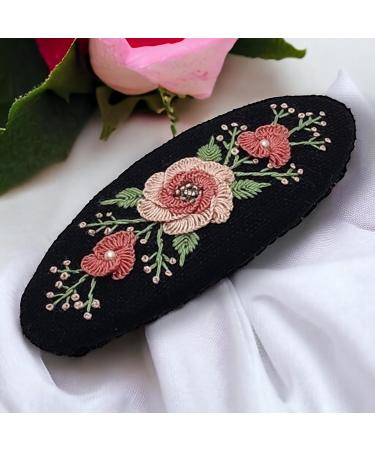 Rose Flower Pattern Embroidered Oval-Shaped French Hair Barrette Clips Poppy Flower Design Fashion Embroidered Cute Hair Clips Colorful Embroidered Hair Barrettes for Girls and Women (Black 1) - Buy Online on GoSupps.com