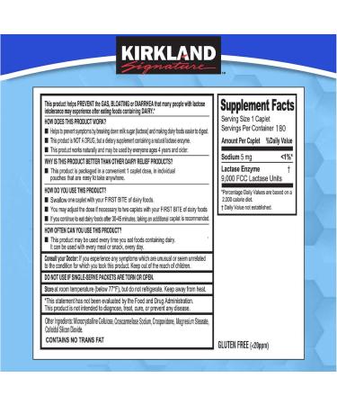 Kirkland Signature Fast Acting Lactase Caplets - 180 Count - Compare to Lactaid - Digestive Support for Dairy Foods - Lactose Intolerance Relief - Buy Online on GoSupps.com