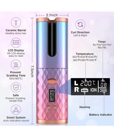 Cordless Automatic Hair Curler - Ceramic Rotating Wand with 6 Temps & Timers, Portable Rechargeable Curling Iron - Fast Heating, Auto Shut-Off - Pink - Buy Online on GoSupps.com