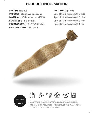 ROSEBUD Clip in Hair Extensions 12 27# Dark Blonde REMY Human Hair 8Pcs 18 Clips 60g/Set - Pack of 1 - Buy Online on GoSupps.com