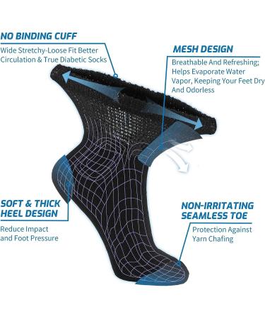 LIN Diabetic Socks for Men & Women - Non-Binding Circulatory Extra Wide Top - 12 Pairs Quarter/Black - Ideal for Edema, Neuropathy & Lymphedema - Size 9-11 - Buy Online on GoSupps.com
