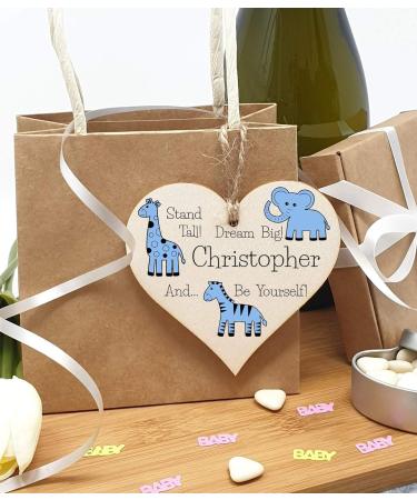 Personalised Wooden Hanging Heart Plaque - Be Brave Dream Big | Blue Safari Animals | New Baby Gift - Buy Online on GoSupps.com