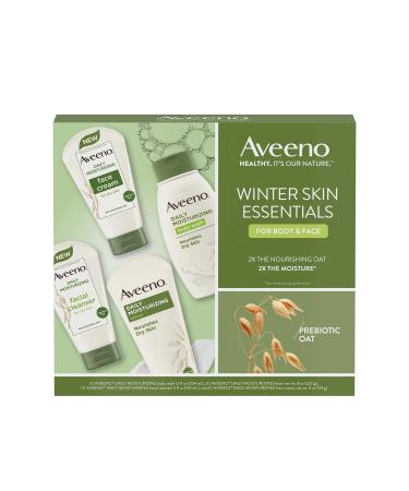 Aveeno Daily Moisturizing Winter Skin Essentials Skincare Set for Face & Body with Daily Moisturizing Body Lotion, Body Wash, Facial Cleanser, and Face Cream, Gift Set, 4 Items