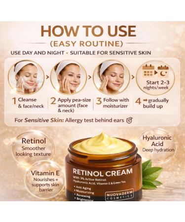 Nuovaderm Retinol Cream 2 Pack (2 x 50g) - Retinol Face Moisturizer for Face & Neck - Night Cream with Hyaluronic Acid Vitamin E & Green Tea - Anti-Aging Wrinkle Cream - Buy Online on GoSupps.com
