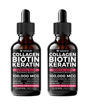 WELVIUM Liquid Biotin and Collagen Peptide Complex with Keratin Hyaluronic Acid MCT Oil Zinc Vitamins B6 B7 B12 A C D3 E - Hair Skin and Stronger Nails Supplement - 2 Pack