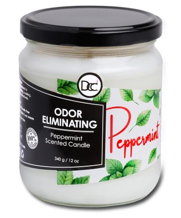 Peppermint Odor Eliminating Highly Fragranced Candle - Eliminates 95% of Pet, Smoke, Food, and Other Smells Quickly - Up to 80 Hour Burn time - 12 Ounce Premium Soy Blend White