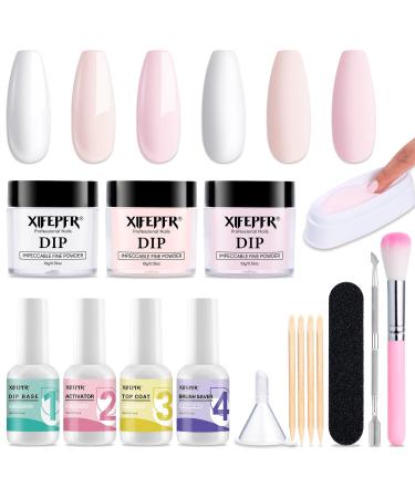 Dip Powder Nail Kit Starter Nude Pink White 3 Colors Dipping Powder System Liquid Set All Seasons Recycling Tray with Base & Top Coat Activator Brush Saver for French Nail Art Manicure Salon