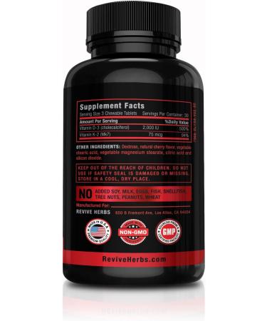 Revive Herbs Vitamin K2 D3 Cherry Flavored Chewable Tablets - Supports Bone & Cardiovascular Health - K2 mk7 225 mcg D3 6000 IU - Buy Online on GoSupps.com