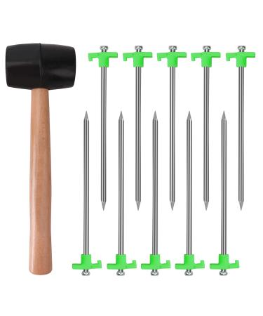 Galvanized Non-Rust Camping Family Tent Pop Up Tent Stakes, Heavy Duty Metal Tent Pegs 10pc-Pack, Camping Accessories with 1pc 16oz Wooden Handle Rubber Mallet 10 pc-Pack Tent Stake with Mallet