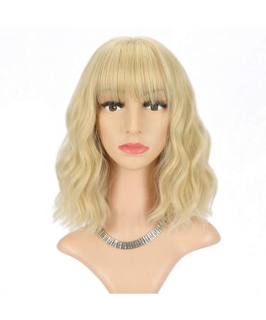 FAELBATY Blonde Wig With Bangs Short Wavy Bob Wig Shoulder Length Synthetic Cosplay Wig for women Costume Wigs (12" Mix Blonde Color 6186) mix light blonde