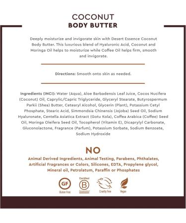 Desert Essence Coconut Body Butter 7.5oz | Deeply Moisturizing with Hyaluronic Acid & Coffee Oil | Antioxidant-Rich Coconut & Moringa Oils | Shop Internationally - Buy Online on GoSupps.com