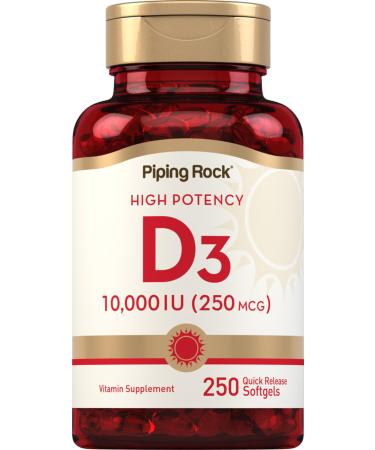 Piping Rock Vitamin D3 10000 IU | 250 mcg | 250 Softgels | High Potency | Non-GMO & Gluten Free Supplement