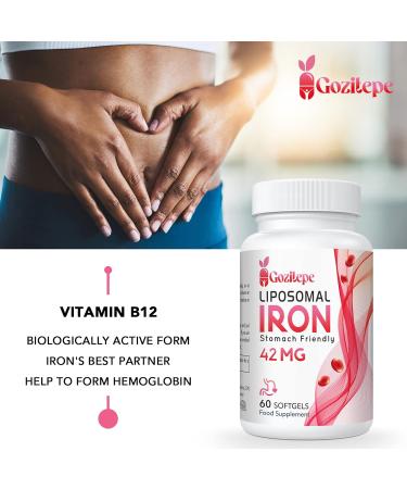 Liposomal Iron Supplement 42mg with Folic Acid & Vitamin B12 | Increase Iron Levels | Stomach Friendly | 60 Count - Buy Online on GoSupps.com