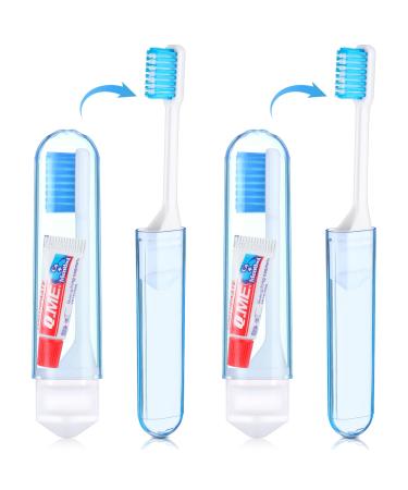 Nuen 2 pieces portable soft toothbrushes travel toothbrush foldable camping toothbrush with soft bristles mini foldable travel toothbrush with toothpastes for children adults (blue) case blue