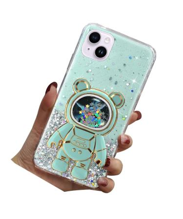 Rnrieyta Magon B r Astronaut Stander Shell for iPhone 14 Cute girls thin crystal protective cover Treibsand bling transparent case bumper with astronaut holder kickstand green iPhone 14 green