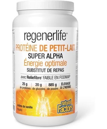 Natural Factors Regenerlife High Alpha Whey Protein Vanilla Flavour 885g powder Helps You Feel Full Longer 25g of protein per serving 5g of Low-FODMAP Reliefibre per serving Grass-Fed Whey - Buy Online on GoSupps.com