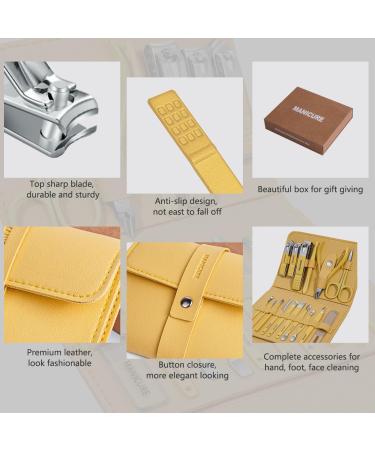 Manicure Pedicure Set 16 PCS Professional Stainless Steel Nail Clippers Grooming Kit - With Luxury Leather Travel Case (Yellow) lemon tree - Buy Online on GoSupps.com