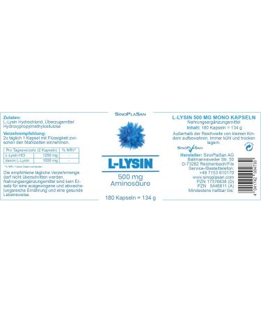 Buy L-Lysine 500 mg Amino Acid Capsules | 180 Natural Vegan Capsules | SinoPlaSan - Boost Immune Health & Support - Buy Online on GoSupps.com