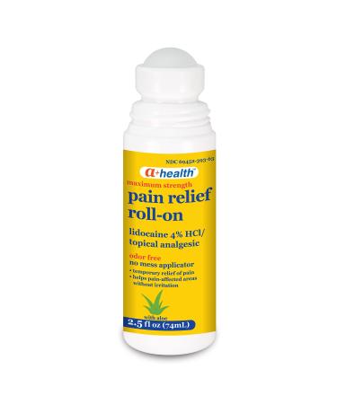 Pain Relief Roll-On Liquid Lidocaine 4% Odor Free Maximum Strength Pain + Itch Relief with Aloe Made in USA 2.5 fl Ounces Medication