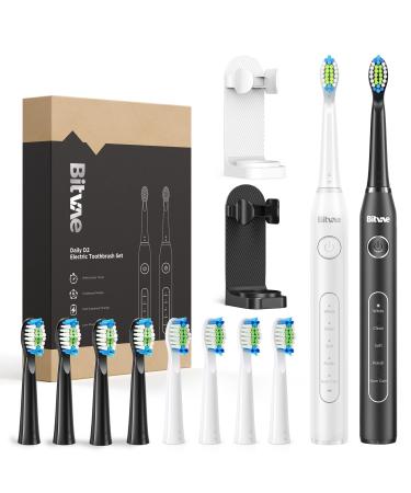 Bitvae Electric Toothbrushes 2 Pack Sonic Toothbrush with Holders Dual Ultrasonic Electronic Toothbrush 8 Brush Heads 5 Modes Rechargeable Power Toothbrush for 30 Days Using Black & White Black&white