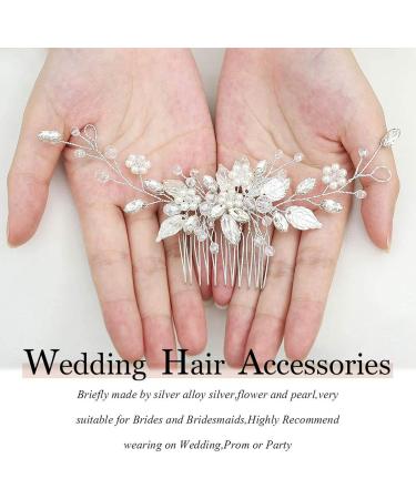 Bride Wedding Hair Comb Pearl Flower Hair Piece Bridal Crystal Leaf Hair Vine Comb Wedding Hair Accessories for Women Girls Bridemaid silver - Buy Online on GoSupps.com