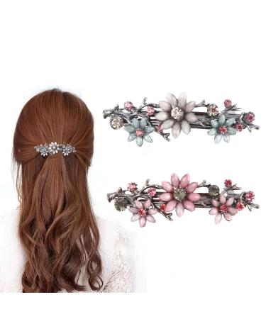 Elegant Flower Crystal Hair Clips for Women - 2 Piece Glittering Vintage Hairpins | Pink & Pale Blue Wreath Hair Jewelry - Buy Online on GoSupps.com