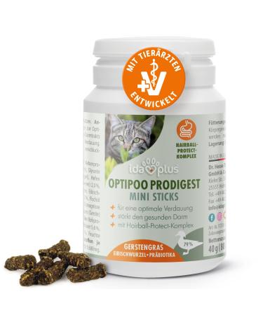 Ida Plus Optipoo Prodigest Mini Sticks - With intestinal renovation for cats - Anti Hairball for cat - delicious cats snacks - supports the cat intestine - anti -hair bales in cat fur - 80 pcs