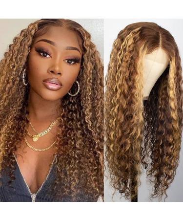 SOSATISFY 4/27 Ombre Highlight Lace Front Wigs for Black Women Human Hair, 4x4 Ombre Colored Curly Human Hair Wigs Glueless 180% Density Deep Wave Lace Closure Wigs Pre Plucked With Baby Hair (4/27, 30") 30 Inch 4/27 Deep …