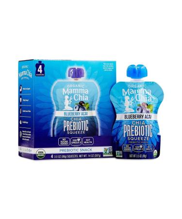 Mamma Chia Organic Prebiotic Squeeze Snack Blueberry Acai Fiber-Rich Prebiotic Gut Support USDA Organic Non-GMO Vegan Gluten Free 3.5 Ounce (Pack of 4)