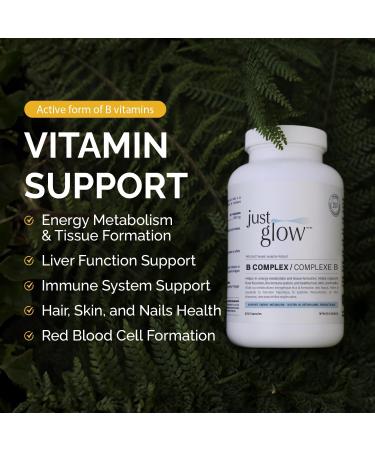 Just Glow B Complex - 250 Vegan Capsules - Essential Vitamin B w/Biotin Niacin Choline Folate and Inositol - Made in Canada (250 Days / 1 Bottle) - Buy Online on GoSupps.com