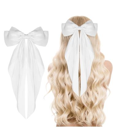 HundoPony Hair Bow Barrettes Elegant Long Tail French Ribbon Big Hair Clip for Girls and Women -Soft Silky Satin Bowknot with Metal Clips - Clothing Accessory for Parties White