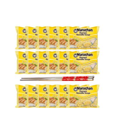 Ja Cor Instant Ramen Noodles Soup Bowl Creamy Chicken Flavor 3 oz. Bulk Cup Noodle Pack- Bundle with (1) Set of Reusable Stainless Steel Chopsticks (18 Individual Packs)