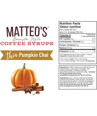 Matteo's Barista Style Sugar-Free Coffee Syrup Pumpkin Chai Flavor Zero Calories and Sugar Keto Friendly Ideal for Lattes Cappuccinos Espresso Americano Indulgent Taste (750mL 2 - Pack) 750 ml (Pack of 2) - Buy Online on GoSupps.com