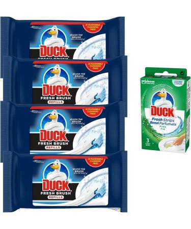 Toilet Cleaner Duck Bundle With 4x Duck Toilet Cleaner Fresh Brush Refills 12pads And Duck Pine Toilet Cleaner Fresh 3 Strips - Bathroom Cleaner Disposable Toilet Brush - Buy Online on GoSupps.com