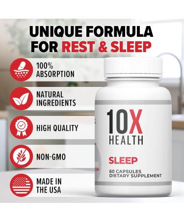 10X Health Sleep Supplements for Adults - 60 Capsules - Melatonin 3mg L Theanine Magnesium Supplement Magnesium Oxide for Deep Better Rest & Relaxation - 3-in-1 Natural Sleep Support - Buy Online on GoSupps.com