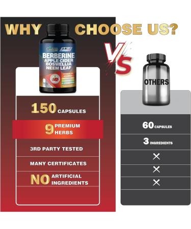 Organic Cadane Berberine Supplement 150 Capsules with Neem Leaf Apple Cider Vinegar VIT D3 E & More - Berberine Extract - Support for Immune System Digestion & Overall Health - Buy Online on GoSupps.com