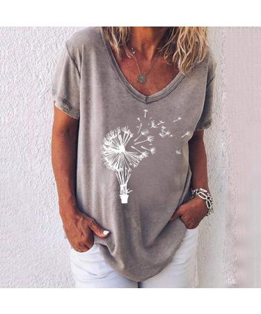 Ppanguding Women's Summer Fashionable Casual Round Short Loose Pustblume Printed T-Shirt - Gray XL Top for International Shipping - Buy Online on GoSupps.com