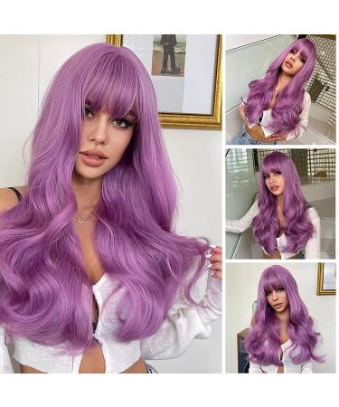 AISI QUEENS 26 inch Long Purple Wavy Wig with Bangs for Women - Heat Resistant Synthetic Wig for Halloween, Cosplay, and Daily Party - Buy Online on GoSupps.com