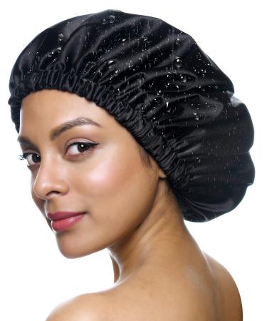 YANIBEST Shower Cap for Women - Hair Satin Bonnet Shower Cap for Men Waterproof Extra Large Double Layer Reusable Adjustable for Braids Long Hair (Large,Black) Large A-black