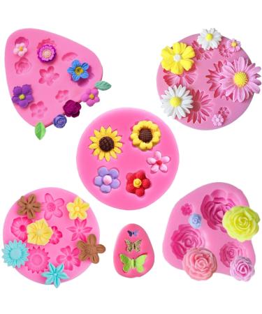 6 Pcs Flower Silicone Mold Set Rose Daisy Butterfly and Mini Flowers Molds for Candy Chocolate Fondant Polymer Clay Soap Crafting Projects Cake Decoration