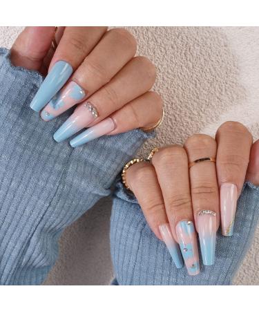 Xerling 24Pcs Blue Gradient Flower Long Coffin Press-On Nails with Rhinestones | Stylish Fake Nails for Women & Girls (Pattern G - Buy Online on GoSupps.com