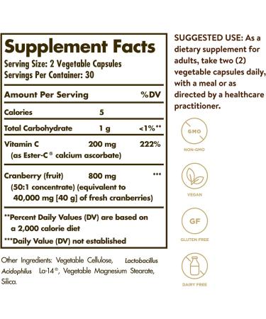 Solgar Cran Flora with Probiotics, Ester-C, Cranberry Powder - 60 Veg. Caps | Urinary Tract & Immune Support - Non GMO, Vegan, Gluten Free - 30 Servings - Buy Online on GoSupps.com