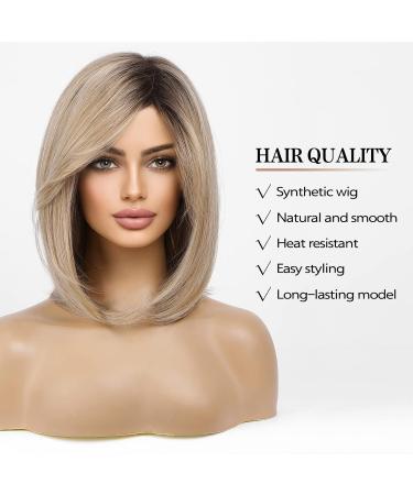 Haircube Short Bob Wig with Bangs - Heat-Resistant Synthetic Fiber Dark Root Ombre Ash Blonde - Perfect for Parties Cosplay & Daily Wear - Buy Online on GoSupps.com